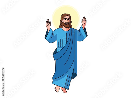 Cartoon depiction of a man with brown hair and beard in blue robes against a white background