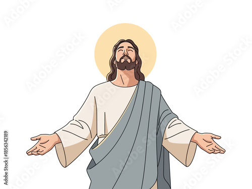 Cartoon depiction of Jesus with arms outstretched looking upward against a white background