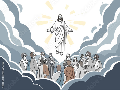 Jesus ascends to heaven surrounded by disciples in the clouds