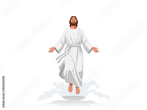 Jesus Christ ascending in white robes above clouds