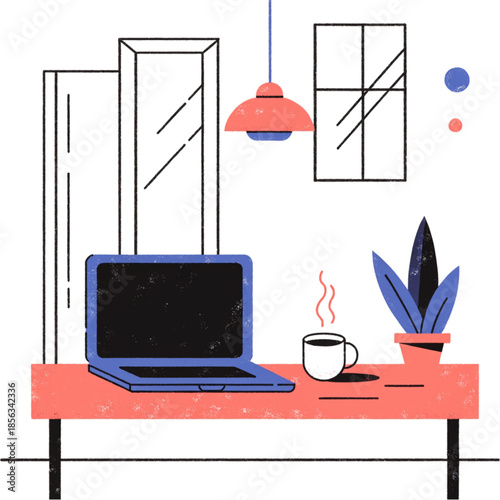 Modern Office Desk Workspace With Laptop And Coffee Vector Illustration