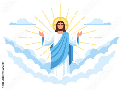 Stylized depiction of Jesus ascending into bright clouds with a golden halo and radiating light