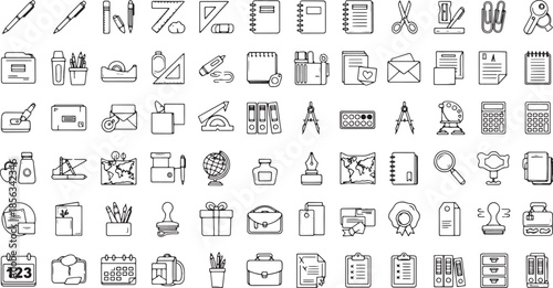 Hand Drawn Office and School Stationery Icon Collection - Vector Doodle Set of Educational Supplies and Workspace Tools