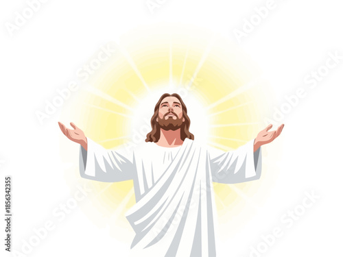 Jesus figure in white robe looking upward amid bright yellow radiant light