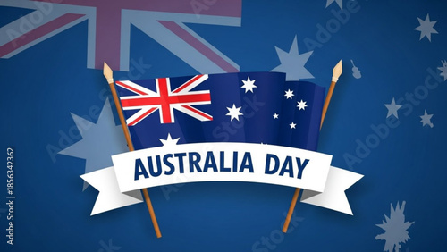 Australian flag with australia day banner on white ribbons and blue background with stars and flagpole