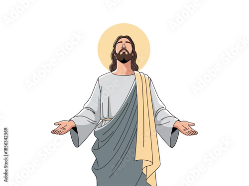 Stylized illustration of Jesus with arms outstretched and a halo