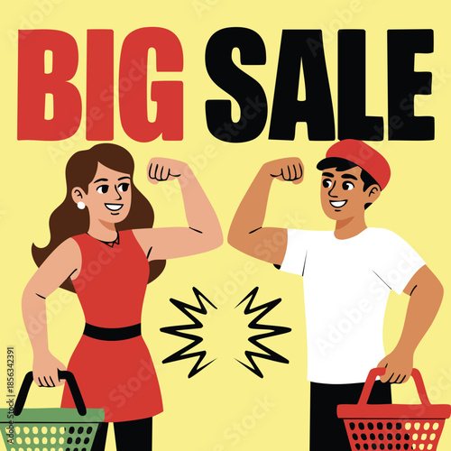 Happy Couple Showing Muscles During Big Sale Event