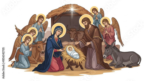 Nativity scene illustration featuring mary joseph and baby jesus surrounded by angels and animals in a manger