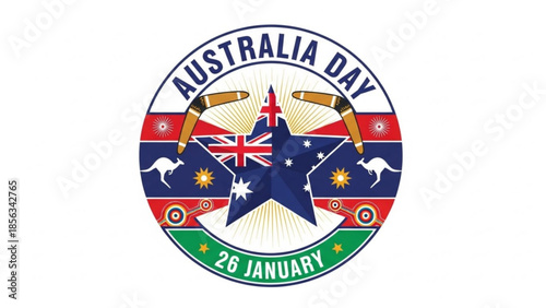 Australia day emblem with australian flag colors and boomerangs on january 26