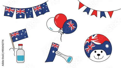 Australian flag themed party decorations including balloons and banners on white background