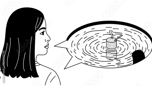 Illustration of a woman speaking about a floating object creating ripples in water.