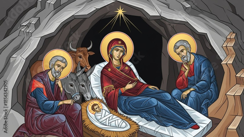 Nativity scene illustration of mary, joseph, and baby jesus in a manger surrounded by animals in a cave