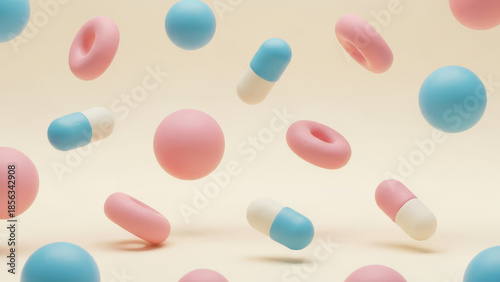 Whimsical Abstract 3D Render of Floating Pills and Torus Shapes in Pastel Colors
