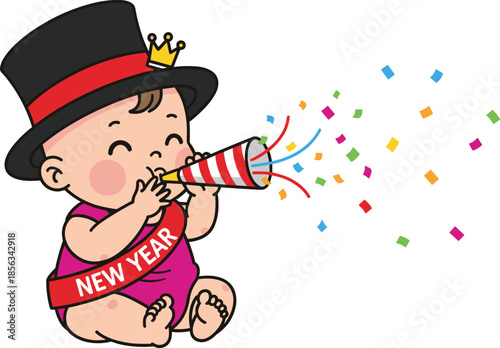Cute cartoon baby wearing top hat and sash blowing party horn with confetti, New Year celebration concept, cad drawing flat vector illustration.