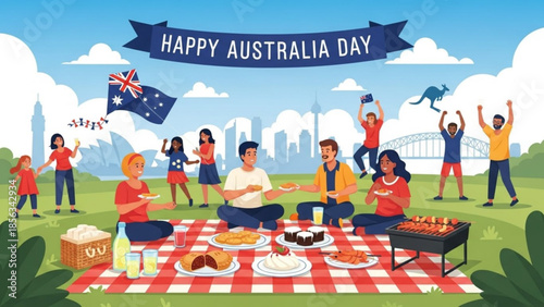 Group of people celebrating australia day with picnic and australian flag in a park with city skyline background