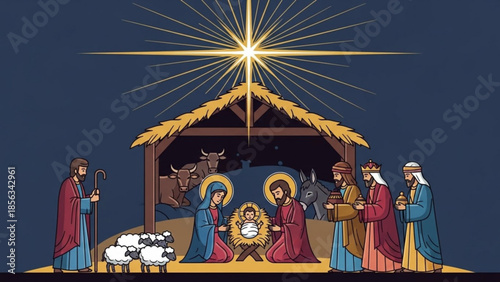 Nativity scene with mary joseph baby jesus and three wise men under starlight illustration
