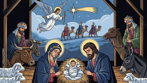 Nativity scene illustration with mary joseph jesus baby manger shepherds angels camels three wise men