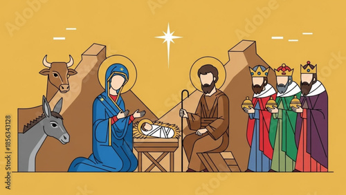 Nativity scene with mary joseph baby jesus and three wise men illustration
