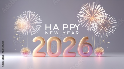 Minimal Happy New Year 2026 design, clean typography, soft gradients, simple fireworks accents
