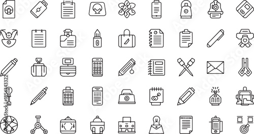 Business Office Stationery and Workspace Supplies Icon Set - Minimalist Vector Line Art Doodles and Corporate Elements