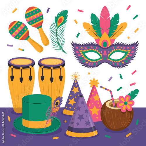 Carnival Party Elements With Mask Drums Maracas Hats And Coconut Drink