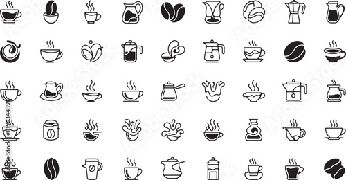 Premium Coffee Icon Collection - Minimalist Hand Drawn Coffee Beans, Mugs, and Brewing Equipment Doodles