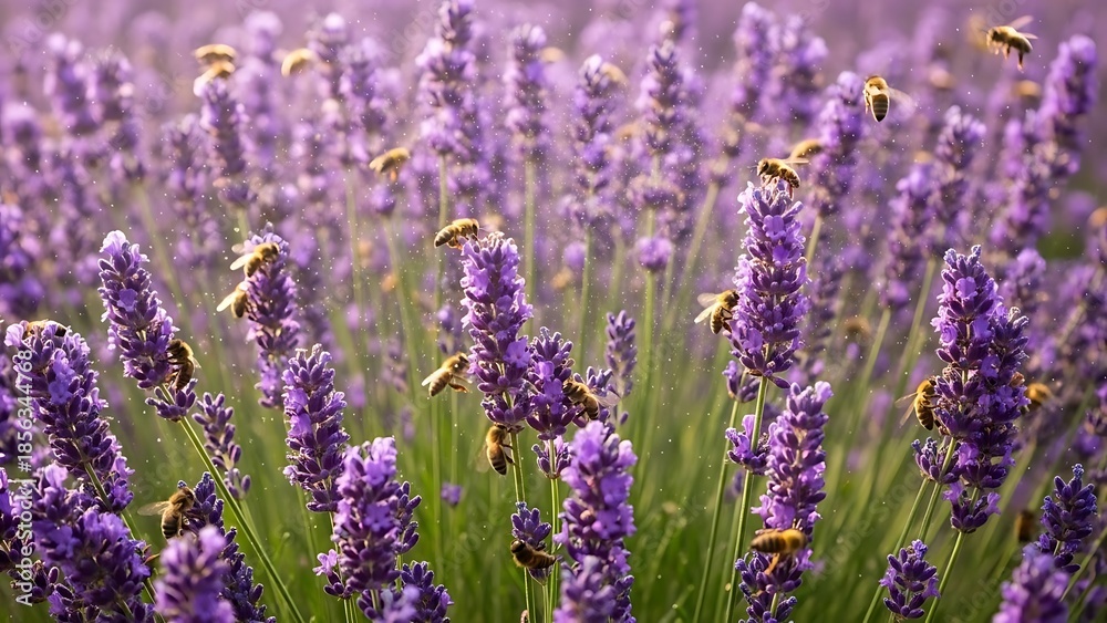 Obraz premium Bees Pollinating Vibrant Lavender Flowers in a Sunny Field