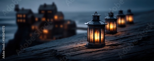 Pirate Ocean Mystical concept. Serene lanterns glow softly by the shore at dusk.