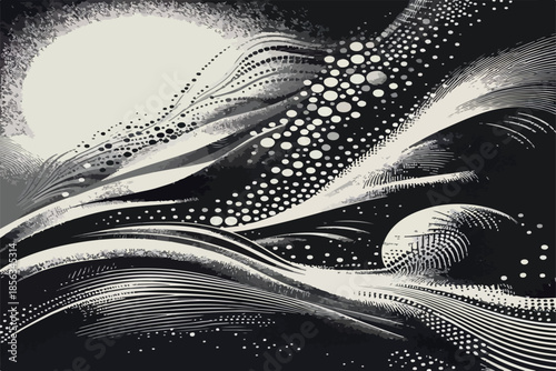 Monochrome vector illustration of a stippled texture with scattered halftone dots, flowing gradient grain background, abstract patterns, and subtle grunge noise. .