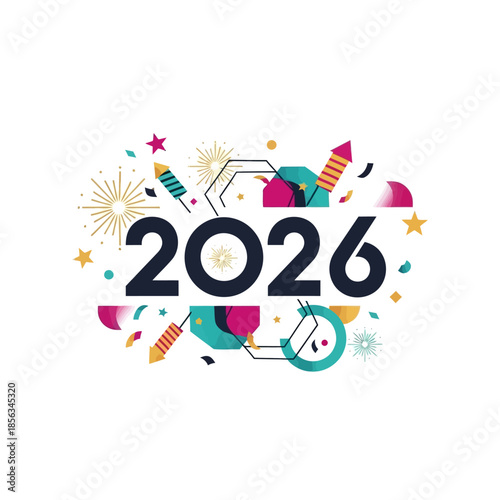 Vibrant illustration celebrates 2026 with fireworks and colorful confetti in air