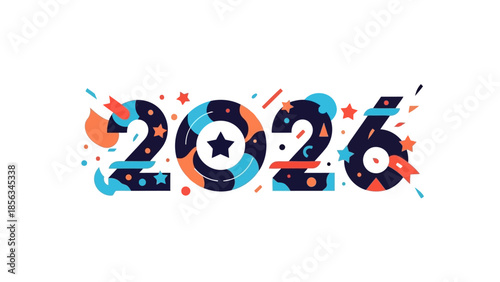 Celebratory 2026 illustration with star, shapes, and vibrant colors, surrounded by festive decorations and dynamic elements
