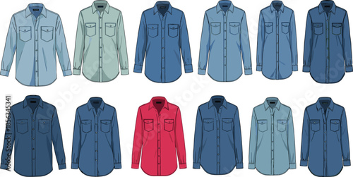 Colorful Long Sleeve Button-Up Shirts with Pockets Displayed in Fashion Catalog Layout for Apparel Design and Retail Presentation
