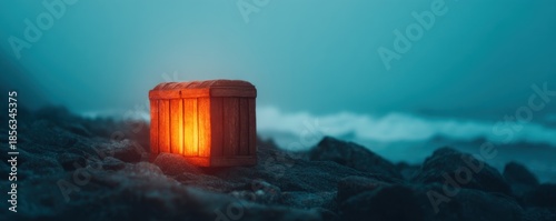 Pirate Ocean Mystical concept. Mysterious glowing treasure chest on rocky beach at twilight.