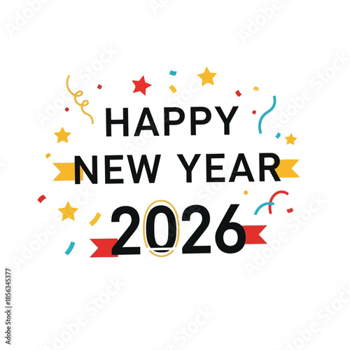 Happy New Year 2026 celebration with colorful confetti and stars around text