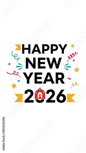 Happy New Year celebration with colorful decorations and bell 2026