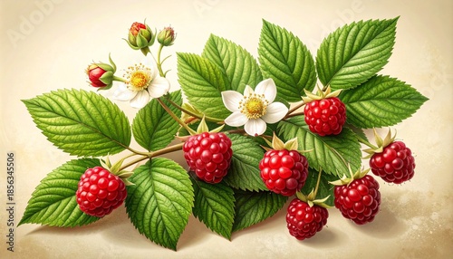Redberry Plant Botanical Illustration with Flowers, Leaves, and Ripe Berries – Detailed Scientific Botanical Art on Cream Background
