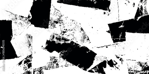 An abstract composition of bold black and white shapes creates a dynamic textured visual experience with irregular forms