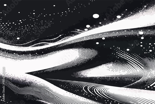Monochrome vector illustration of a stippled texture with scattered halftone dots, flowing gradient grain background, abstract patterns, and subtle grunge noise. .