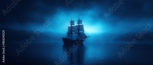 Pirate Ocean Mystical concept. Mysterious ship sailing through foggy, illuminated waters at night.