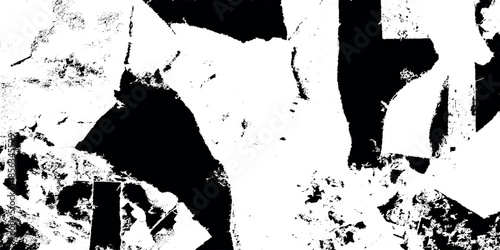 A striking black and white abstract composition featuring layered textures and fragmented shapes that create a dynamic visual experience