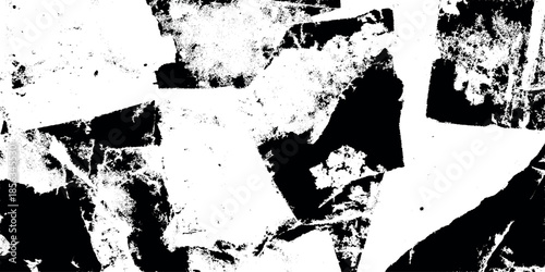 An abstract black and white composition showcasing fragmented shapes and textures resembling a distressed or broken surface