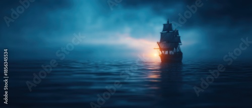 Pirate Ocean Mystical concept. Mysterious ship sailing through dark waters at twilight.