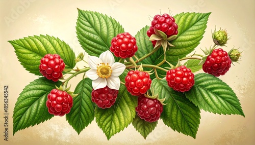 Redberry Plant Botanical Illustration with Flowers, Leaves, and Ripe Berries – Detailed Scientific Botanical Art on Cream Background