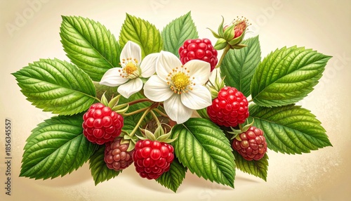 Redberry Plant Botanical Illustration with Flowers, Leaves, and Ripe Berries – Detailed Scientific Botanical Art on Cream Background