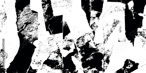 A striking abstract composition of black and white featuring fragmented shapes and a textured high contrast visual effect