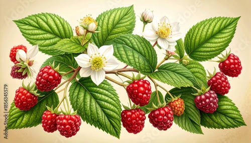 Redberry Plant Botanical Illustration with Flowers, Leaves, and Ripe Berries – Detailed Scientific Botanical Art on Cream Background