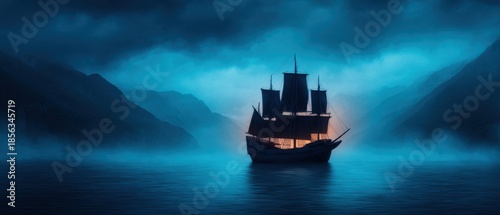 Pirate Ocean Mystical concept. Mysterious ship sailing through misty waters at dusk.