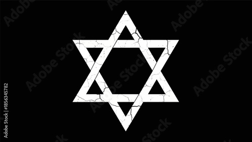 Star of David symbol with cracked texture on a black background, representing Jewish faith and heritage.
