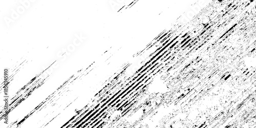 Abstract black and white brushstrokes create a dynamic diagonal composition with varied textures and expressive markings