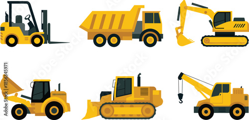 Construction vehicle icons set illustration, excavator, bulldozer, crane, dump truck, forklift, heavy machinery isolated on white background